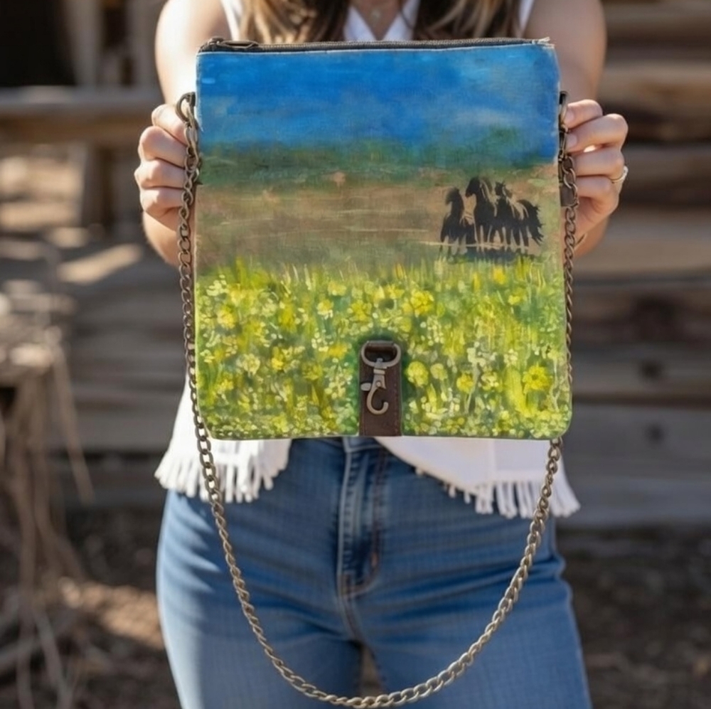 NWOT Chloe &Lex Southwestern Horse Theme Crossbody Clutch Green Leather Accents